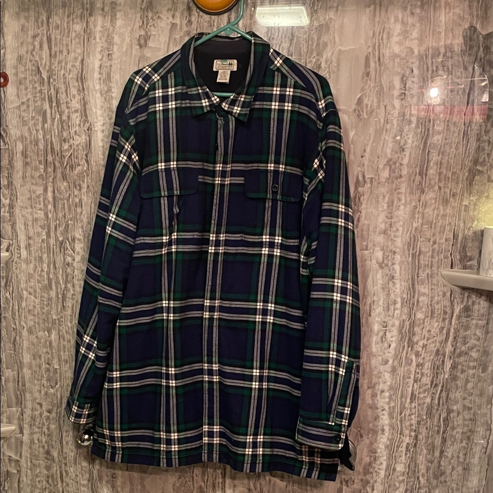 L.L. Bean Blue green plaid XL Tall work fleece lined button up jacket